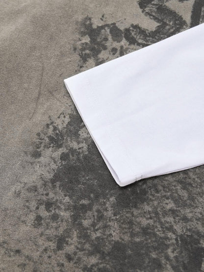 Washed Contrast Color Print Long Sleeve Cotton T-shirt