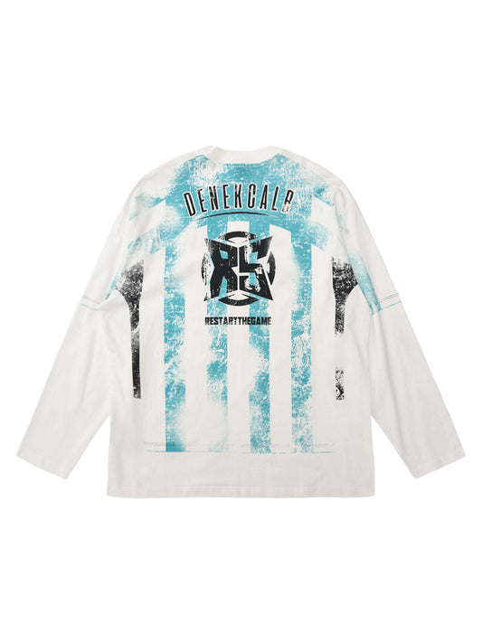 Retro Mottled Striped Badge Print Long Sleeve T-Shirt