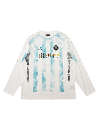 Retro Mottled Striped Badge Print Long Sleeve T-Shirt