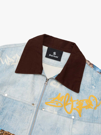 Artistic Graffiti Print Denim Jacket and Pants Set