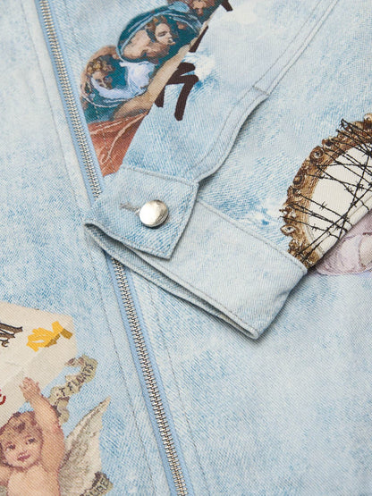 Artistic Patches Graphic  Distressed Denim Jacket