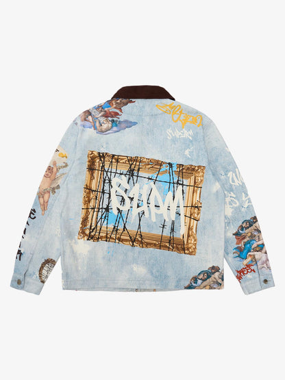 Artistic Patches Graphic  Distressed Denim Jacket