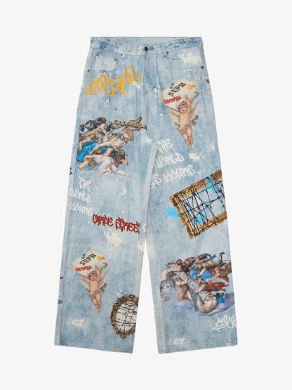 Artistic Graffiti Print Denim Jacket and Pants Set