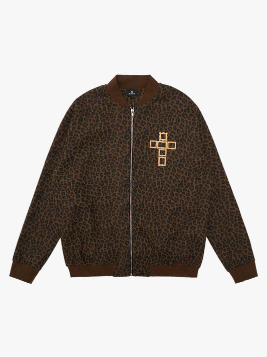 Cross Frame Leopard Print Baseball Jacket