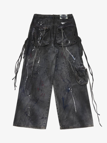 Heavy Dirty Dyed Multi-Pocket Drawstring Work Jeans