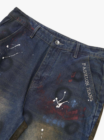 Washed Stripe Patchwork Totem Print Baggy Jeans