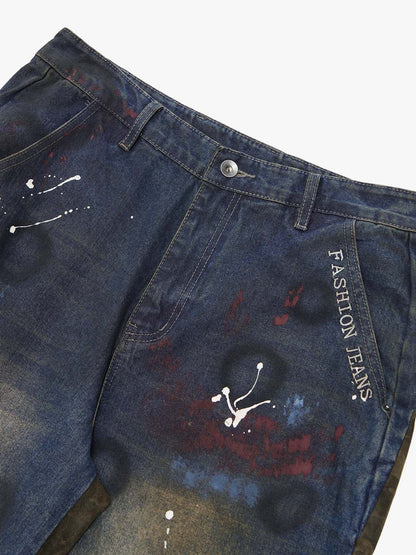 Washed Stripe Patchwork Totem Print Baggy Jeans