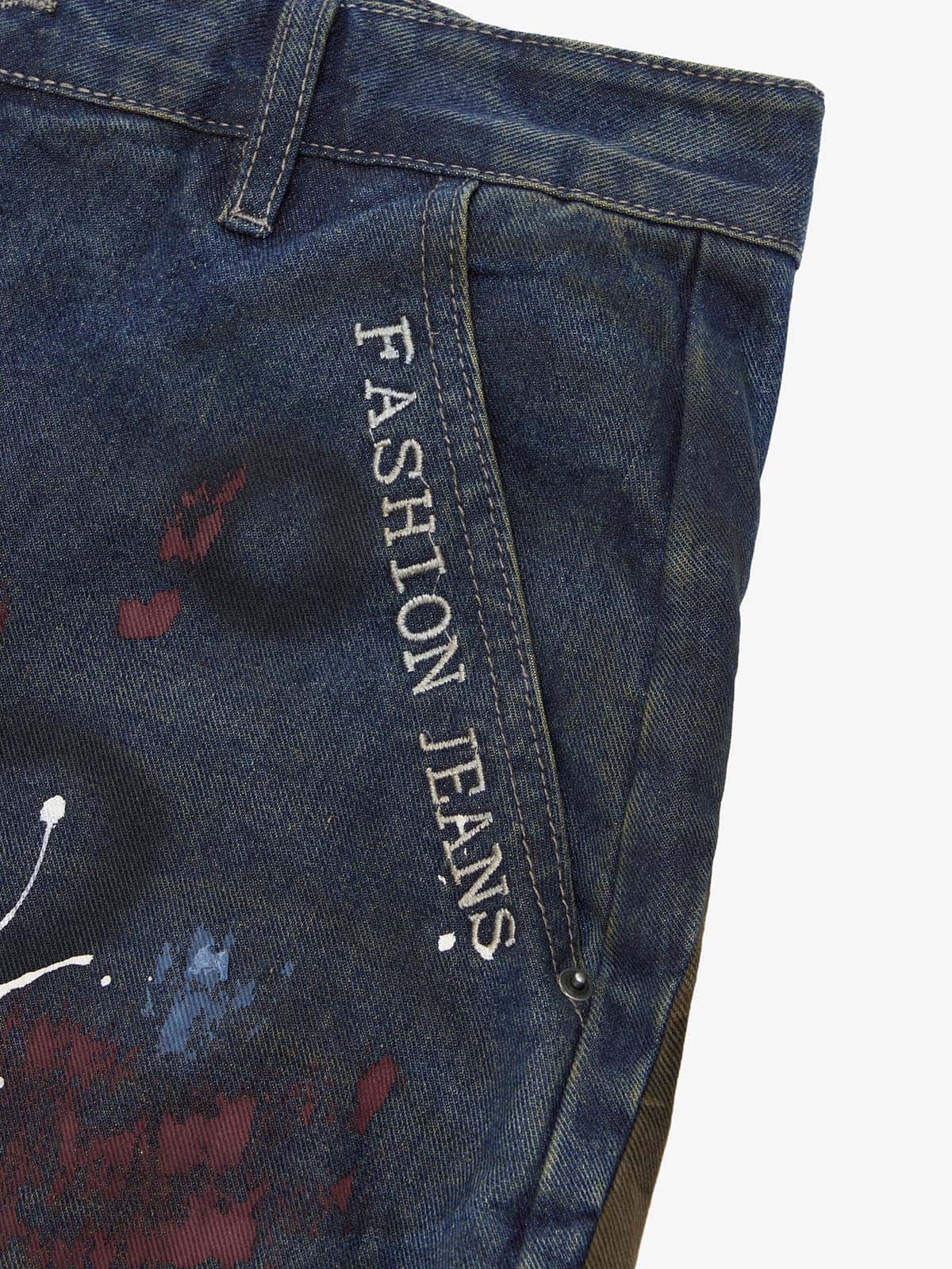 Washed Stripe Patchwork Totem Print Baggy Jeans