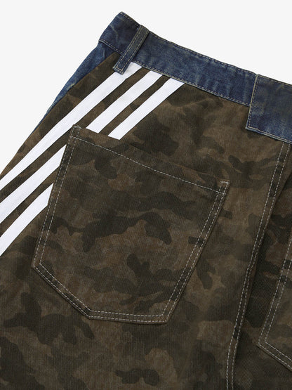 Washed Stripe Patchwork Totem Print Baggy Jeans