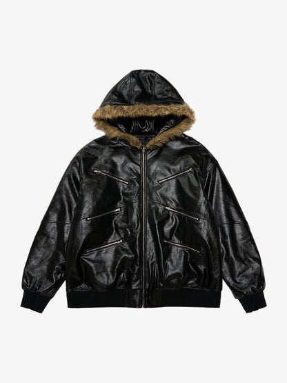 Multi-Zip Fur Hooded Leather Jacket