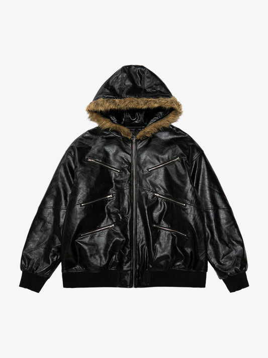 Multi-Zip Fur Hooded Leather Jacket