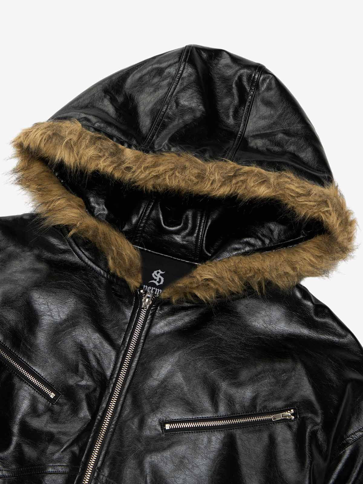 Multi-Zip Fur Hooded Leather Jacket