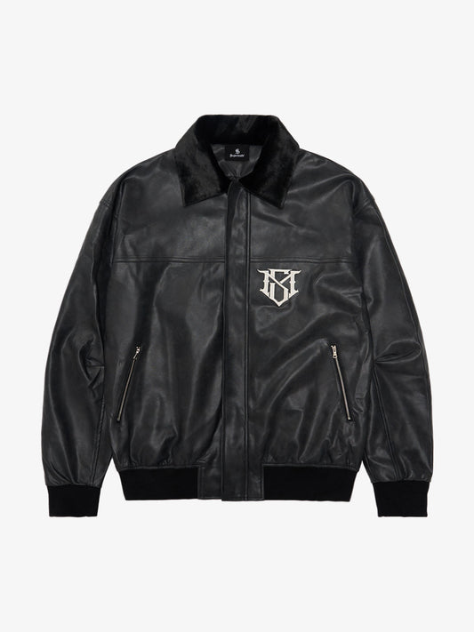 SUPM Fur Collar Rhinestone Pattern Leather Jacket