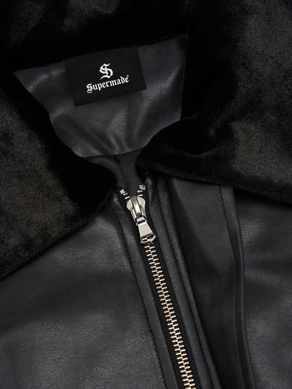 SUPM Fur Collar Rhinestone Pattern Leather Jacket