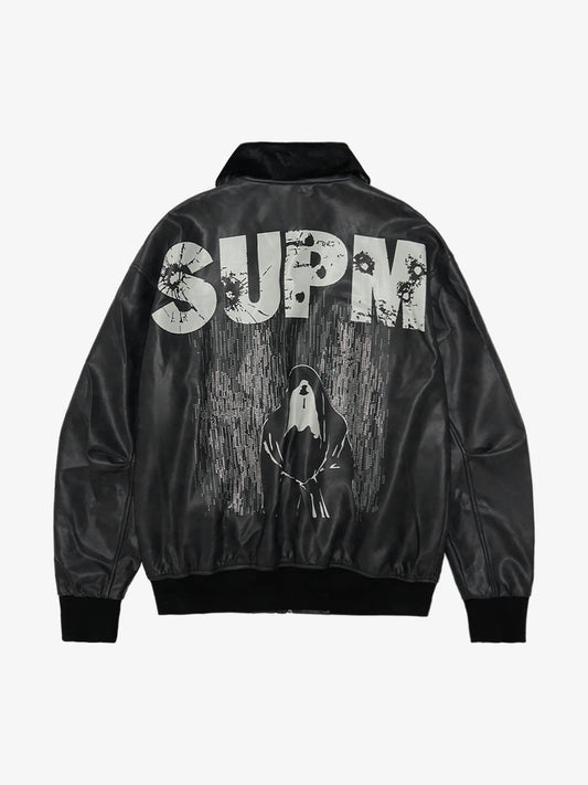 SUPM Fur Collar Rhinestone Pattern Leather Jacket