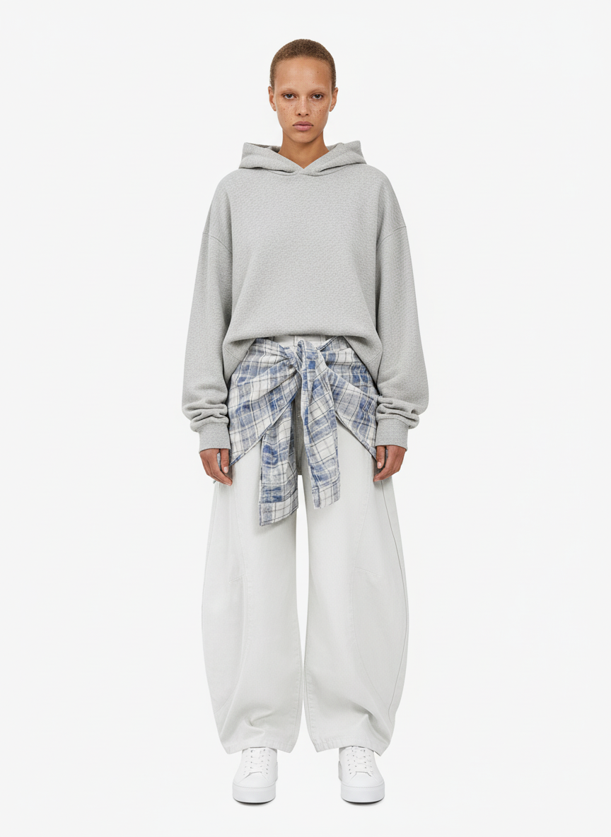 Layered Plaid Shirt-Tied Waist Barrel Jeans