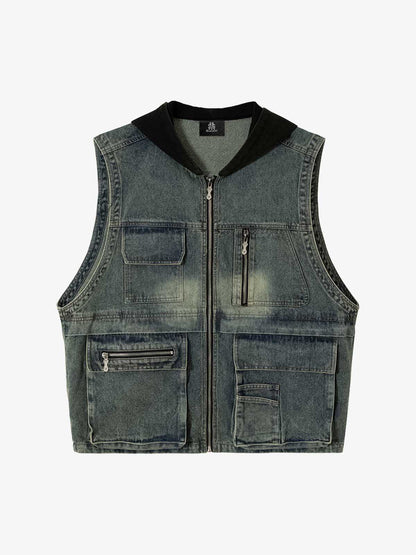 Thesupermade Functional Multi-pocket Hooded Denim Vest