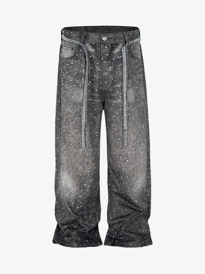 Distressed Diamond Decorated Belt Jeans
