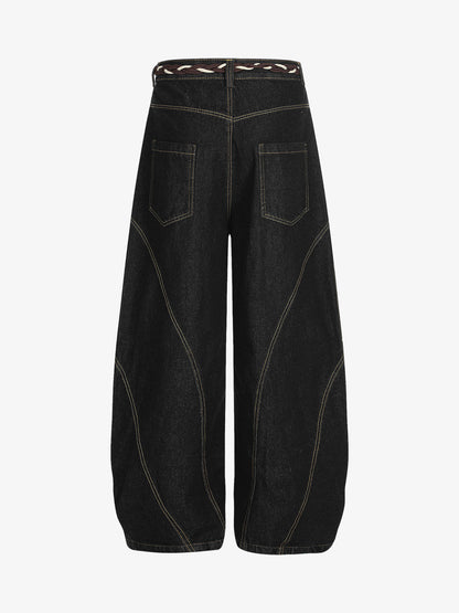 Wide-Leg Denim Trousers with Unique Braided Belt Detail