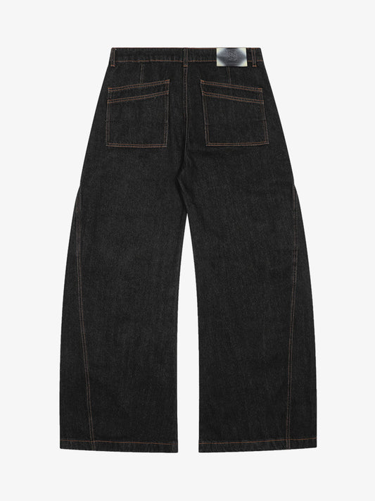 Wide-Leg Denim Trousers with Distressed Pockets and Functional Design