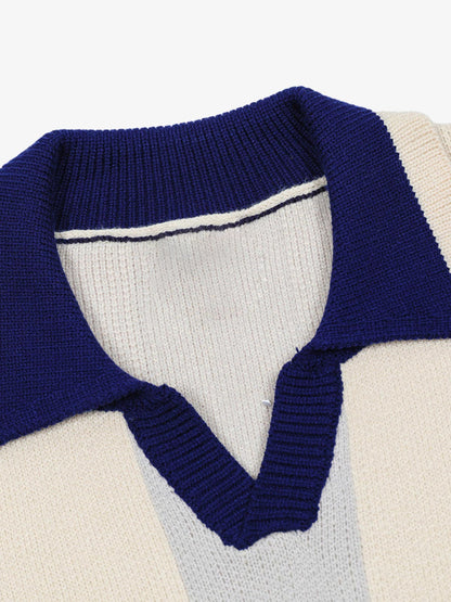 Vertical Striped Colorblock Lapel Sweater