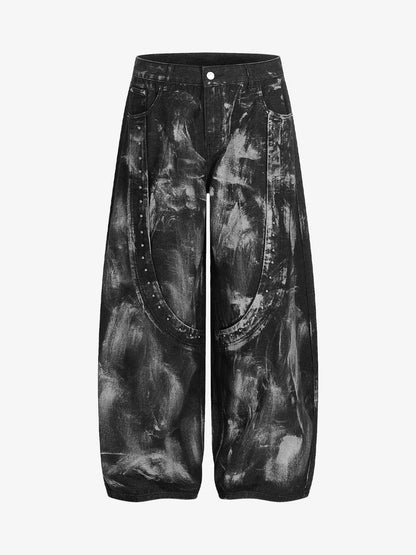 Tie-Dye Wide-Leg Denim Pants with Stud Detailing