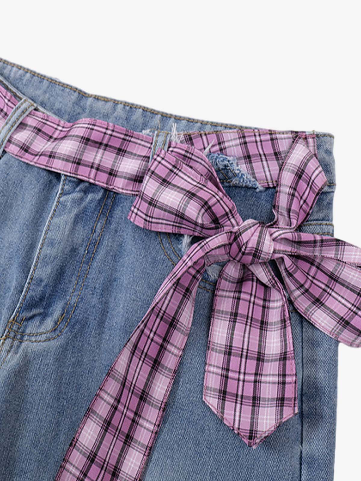 Street Ripped Plaid Bow Jeans