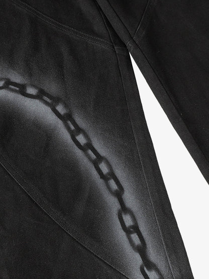 Chain Print Raw Edge Washed Wide-Leg Jeans