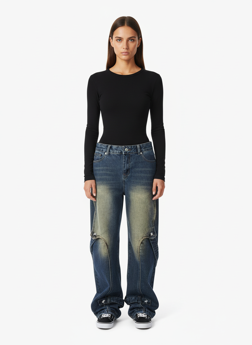Washed Distressed Deconstructed Split Work Jeans