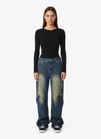 Washed Distressed Deconstructed Split Work Jeans