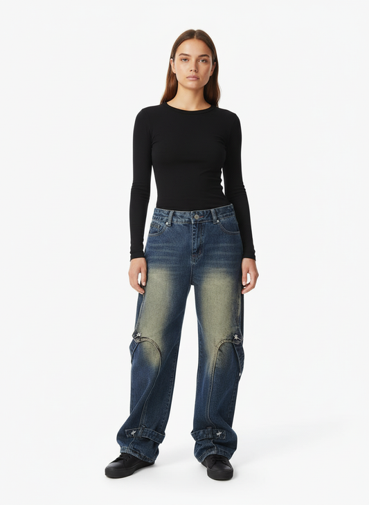 Washed Distressed Deconstructed Split Work Jeans