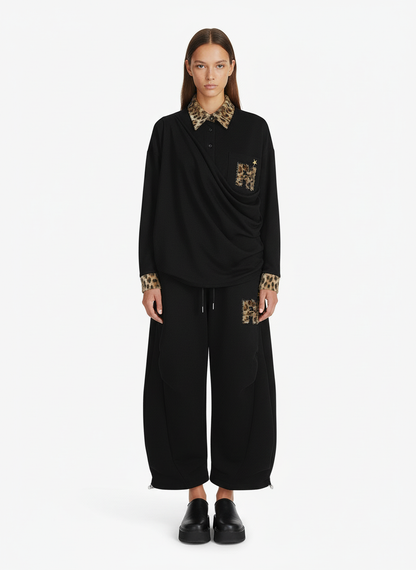 Retro Double-Waist Leopard Patch Barrel Pants