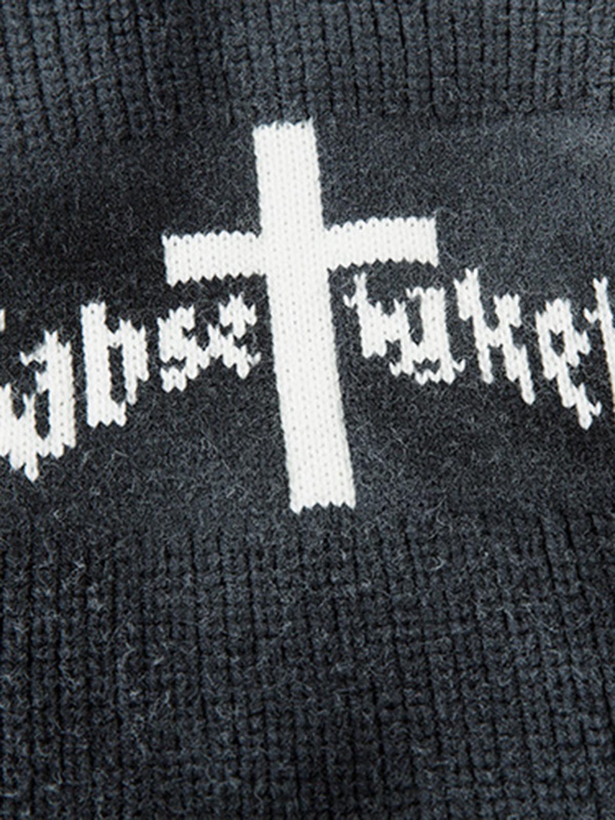 Ribbed Knit Dirty Dyed Embroidery Cross Sweater