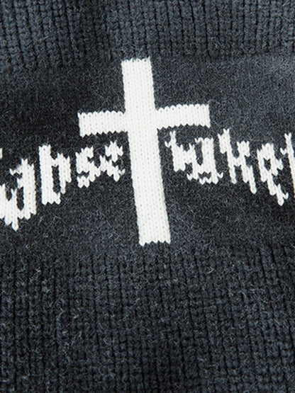 Ribbed Knit Dirty Dyed Embroidery Cross Sweater