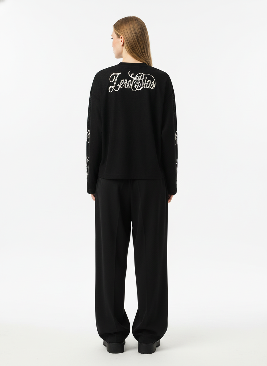 Retro Letter Print Waffle Simplicity Long-Sleeved T-Shirt