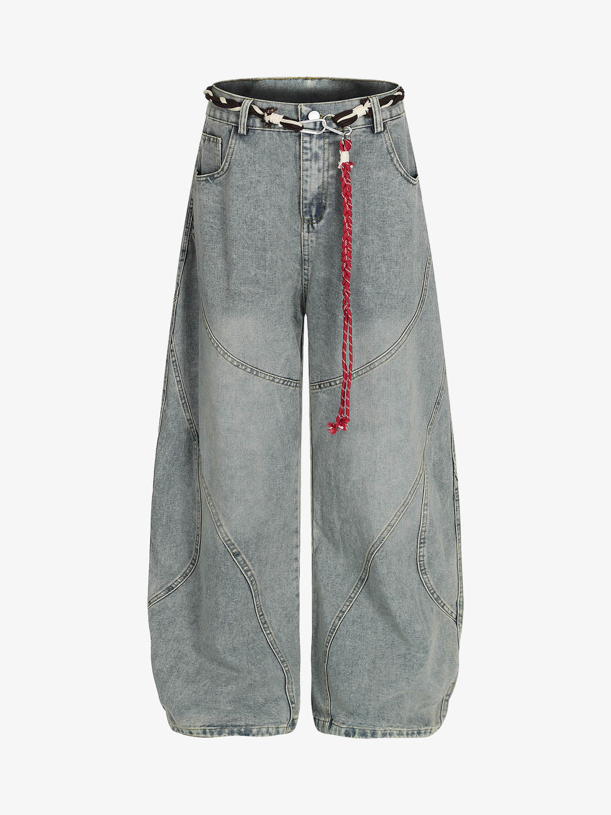 Wide-Leg Denim Trousers with Unique Braided Belt Detail