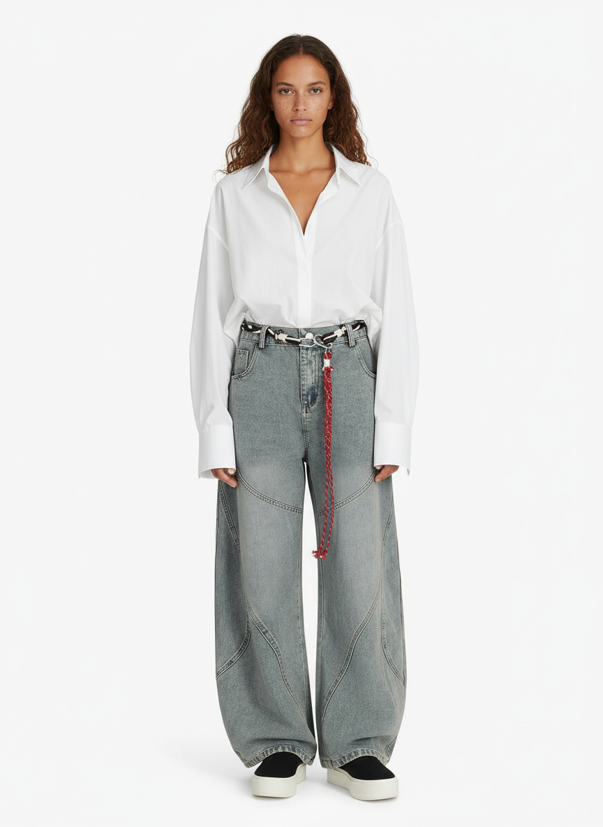 Denim Retro Belt Detail With Patchwork Barrel Jeans - 2490