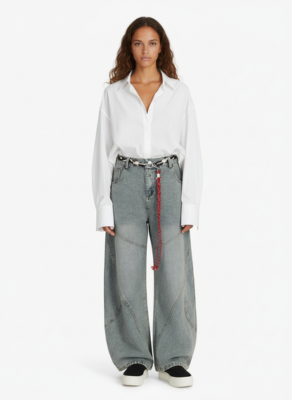 Denim Retro Belt Detail With Patchwork Barrel Jeans - 2490