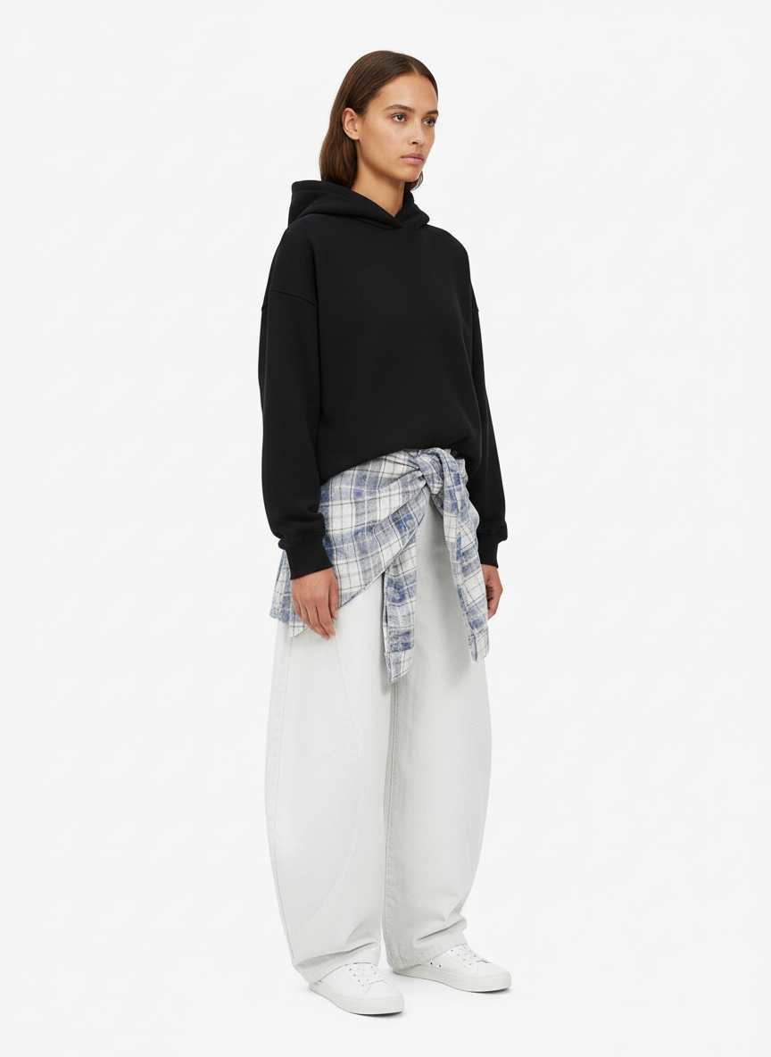 Layered Plaid Shirt-Tied Waist Barrel Jeans