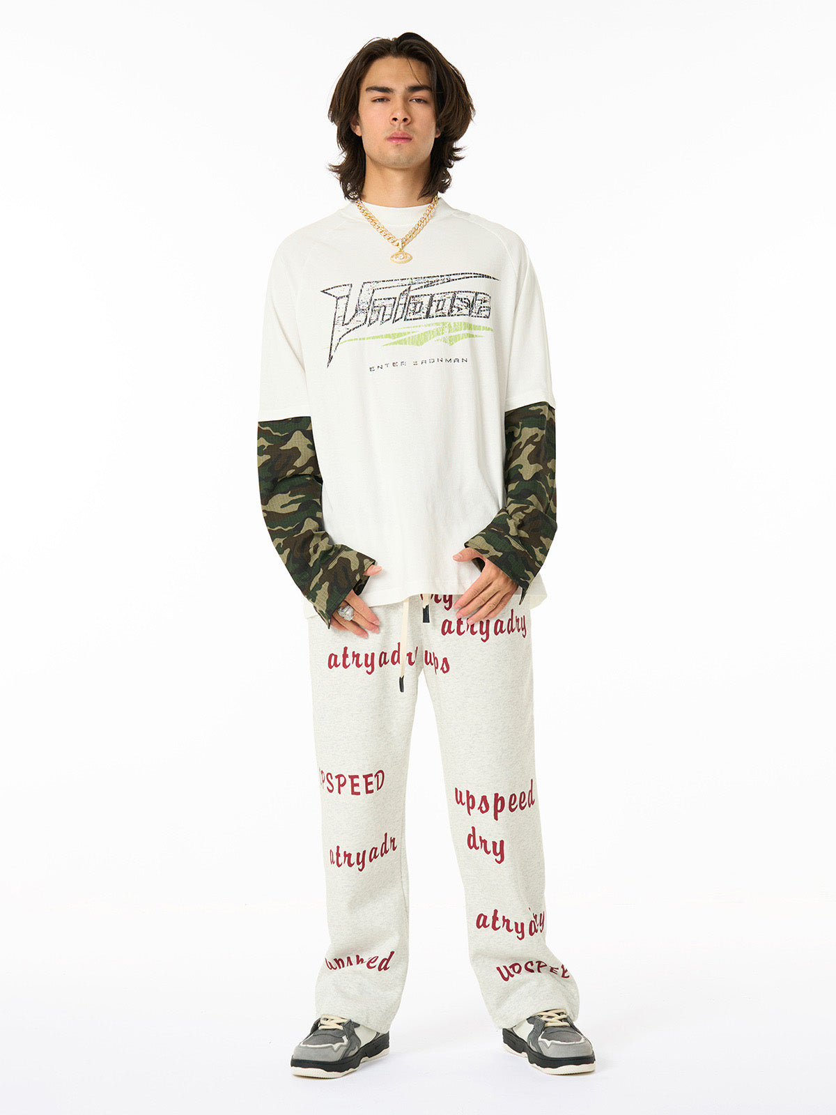 Camo Sleeve Graphic Tee with Printed Jogger Pants Set