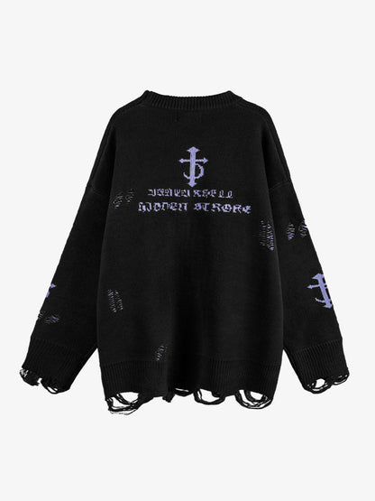 High Street Letter Jacquard Ripped Tassel Sweater