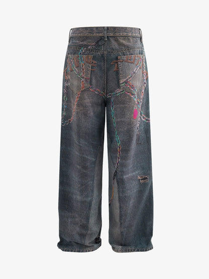 Retro High street Washed 3D Chain Printed Jeans