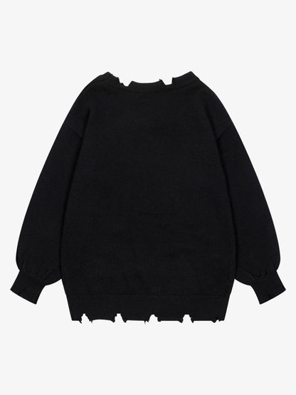 Letter Print Ripped Crew Neck Sweater
