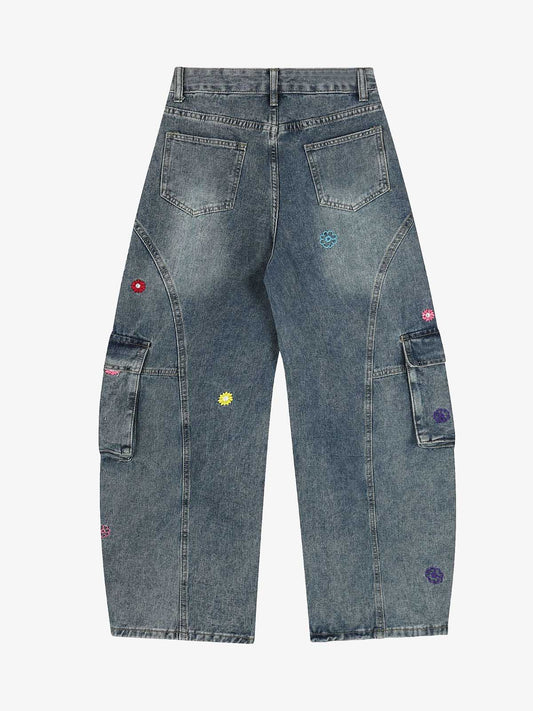 Stylish Embroidered Cargo Jeans with Unique Charm Accessory