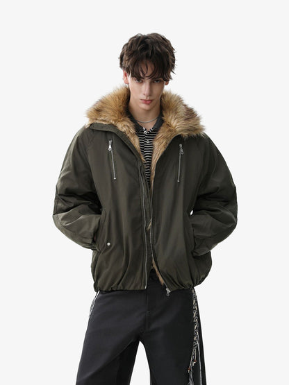 Thesupermade American Street Zipper Design Mountain Carved Fur Collar Quilted Cotton Jacket