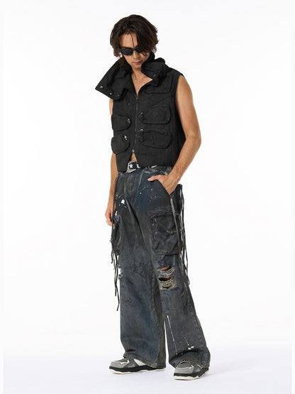 Distressed Cargo Denim Pants with Star Belt - Perfect for Edgy Street Style