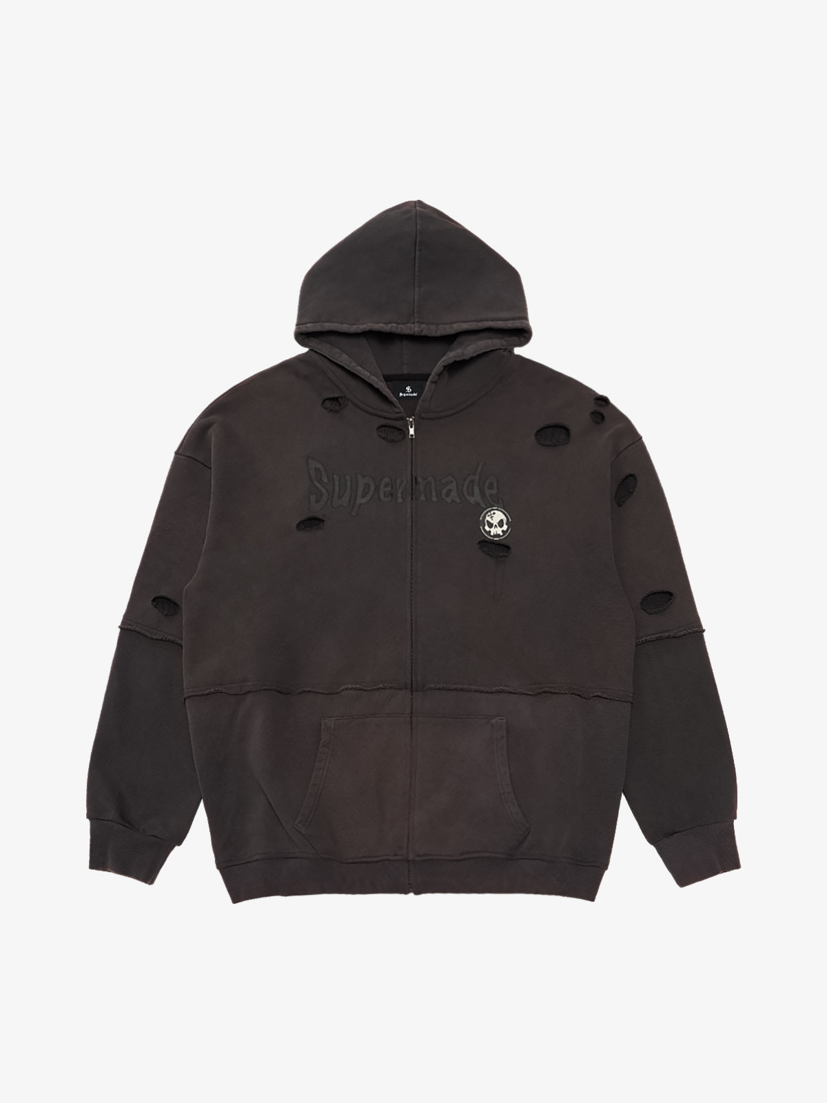 Thesupermade Washed and Ripped Skull Themed Hooded Cardigan Sweatshirt Set