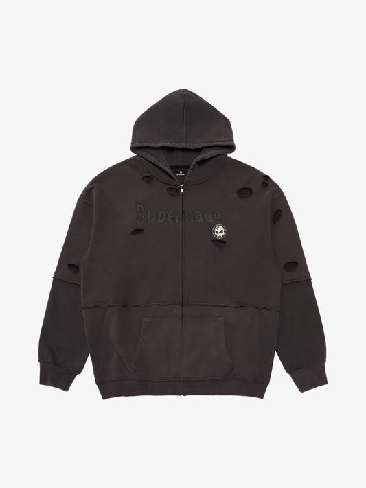 Thesupermade Washed and Ripped Skull Themed Hooded Cardigan Sweatshirt Set