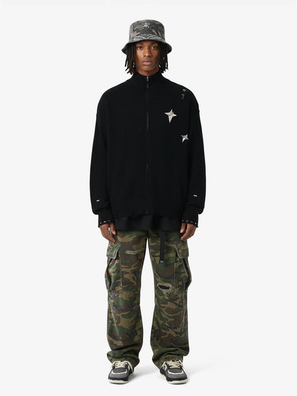 Distressed Ripped-Edge Turtleneck Diamond Star Zipper Knitted Sweater