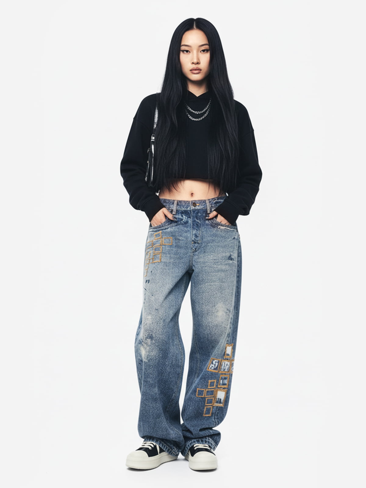 Frame Cross Print Denim Jeans